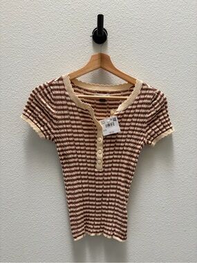 NWT AE Henley Pointelle Sweater T-shirt Brown/Cream XXS